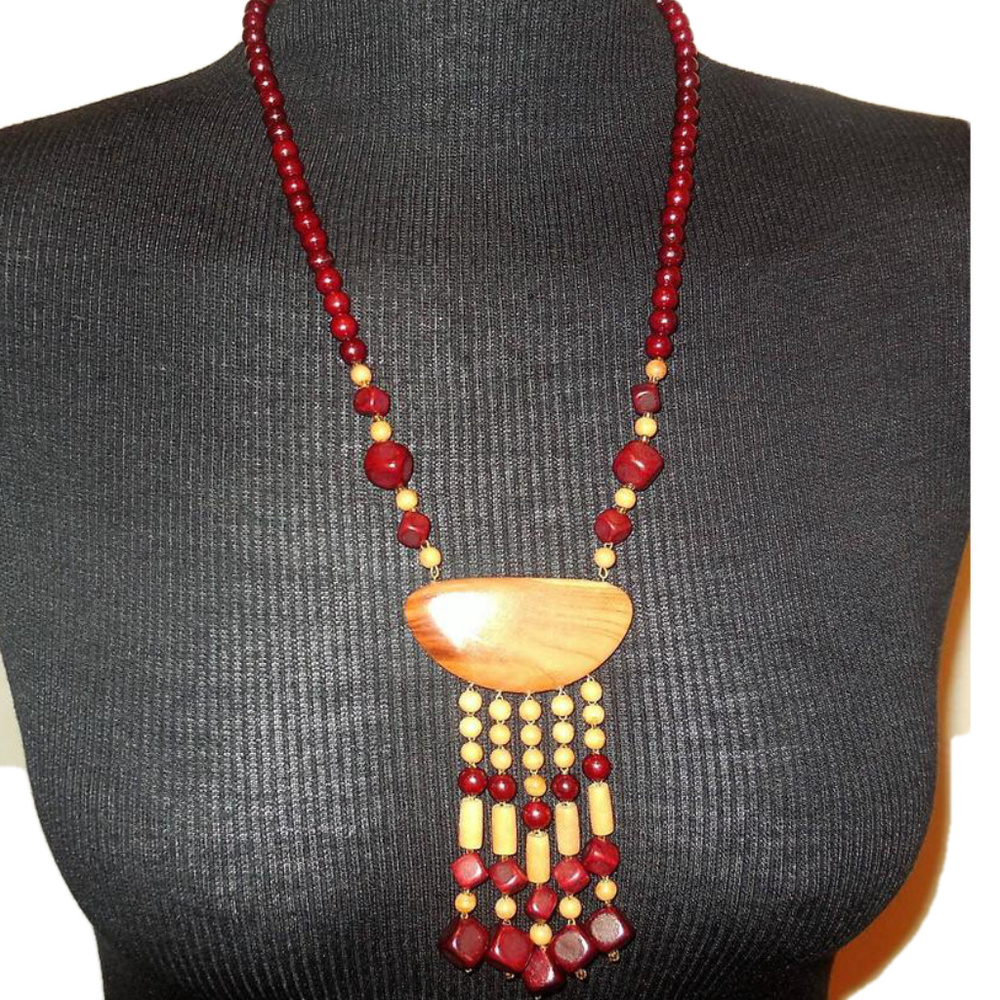 Necklace Beaded Tussled Pendant Wooden Jewelry NEW